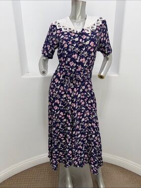 Vintage 1980s Navy Pink Floral Cottagecore Midi Dress  White Lace-Trimmed Collar